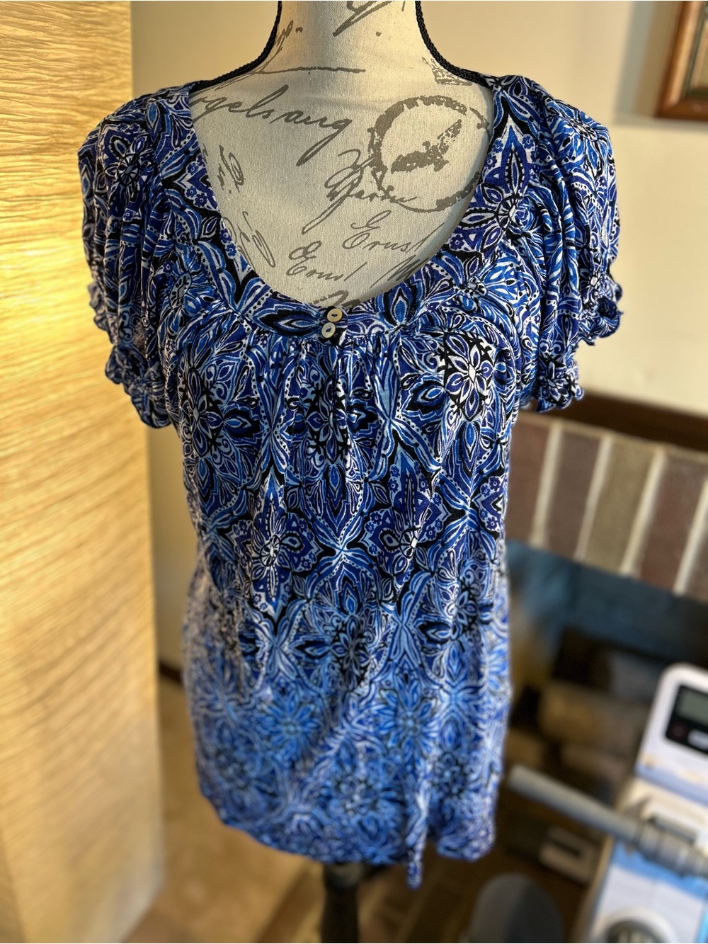 Cupio Blue Patterned Scoop-Neck Short Sleeve Tunic